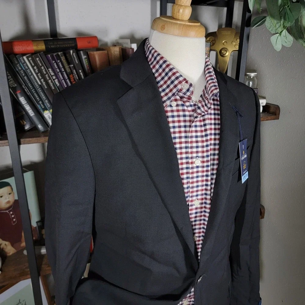 Stafford Men's Hopsack Blazer Two‎ Silver Button Black Wool Blend Classic 42L